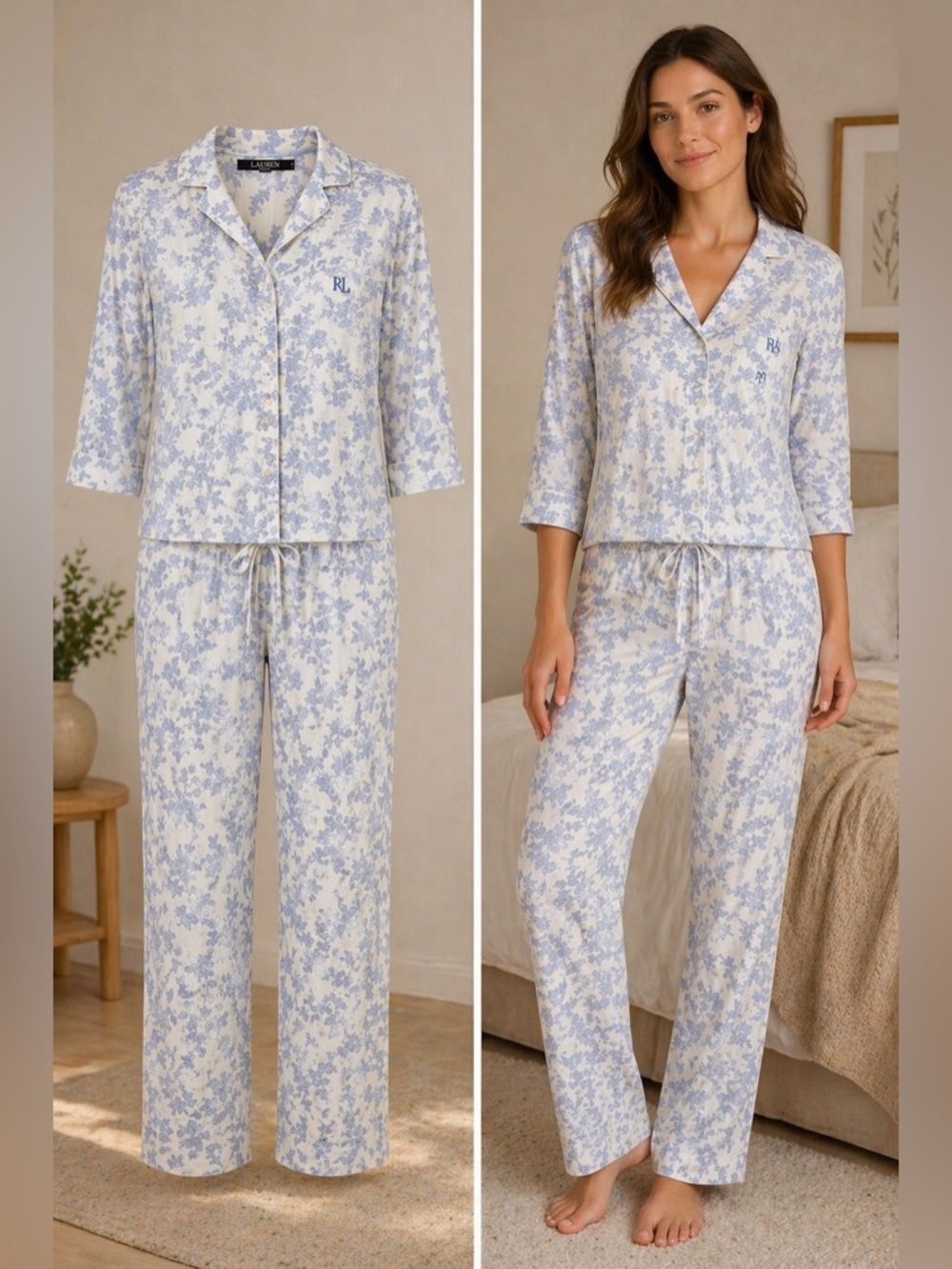 Lauren Ralph Lauren | Pajama Set | Blue Floral Cotton Sleepwear | Size L - Picture 2 of 9